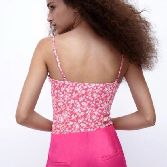 Zara Printed Corset Bodysuit Pink White Floral Medium NWT - Picture 4 of 9